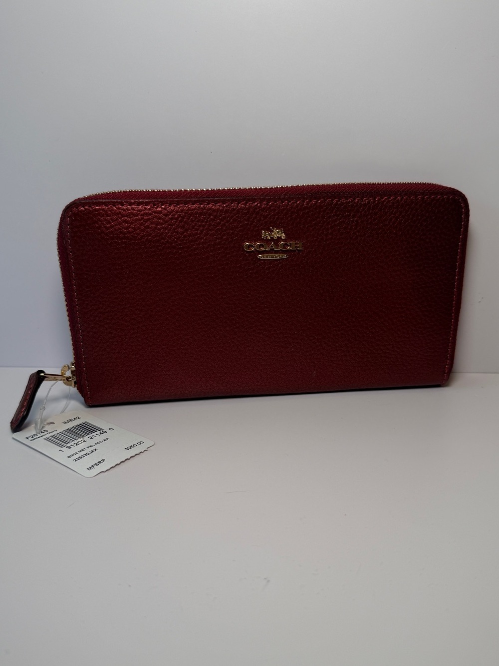 COACH Zip-Around Pebbled Leather Wallet - Deep Berry with Gold Hardware